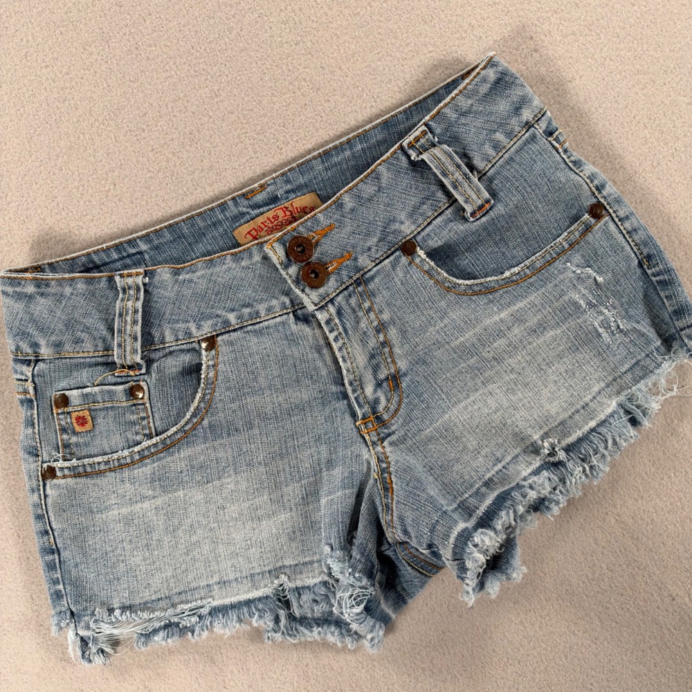 Paris Blues Y2K Denim Shorts Frayed Hem Size 3 Blue Low Rise Distressed